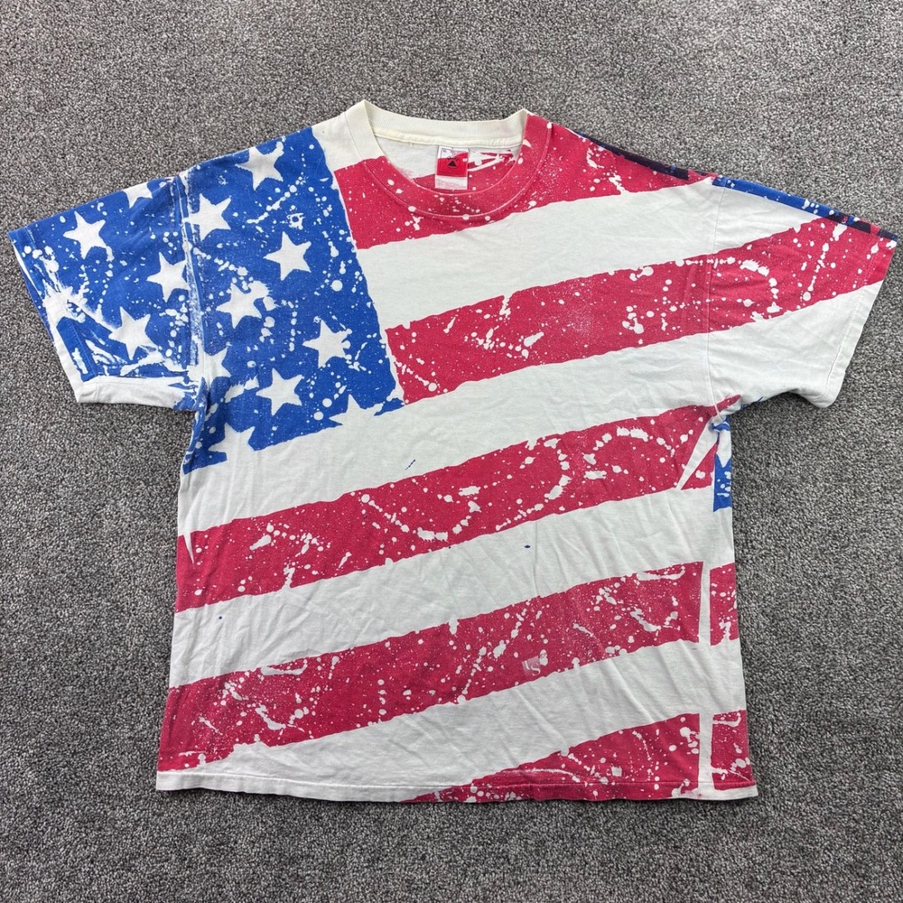 Vintage USA American Flag Shirt Mens XL Red White Blue All Over Print Splatter